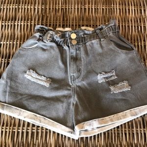 Gray Paperbag Waist Denim Mom Shorts